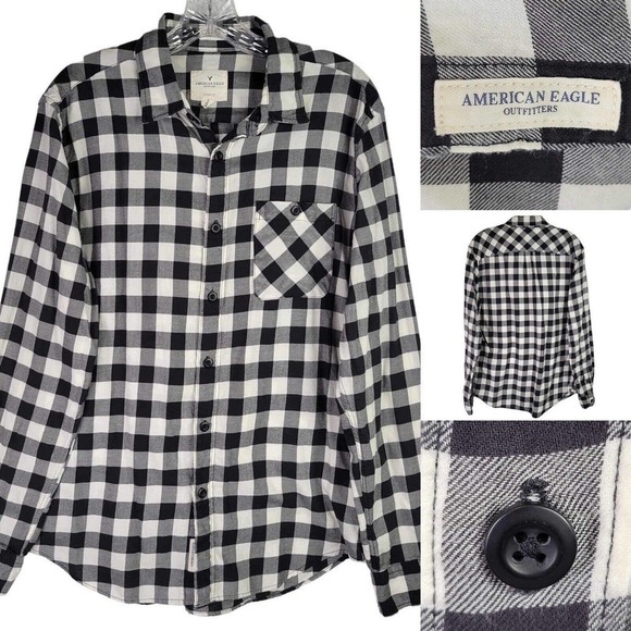 American Eagle AE Plaid Flannel Shirt Long Sleeve Button Up Black LS Soft - Picture 1 of 12